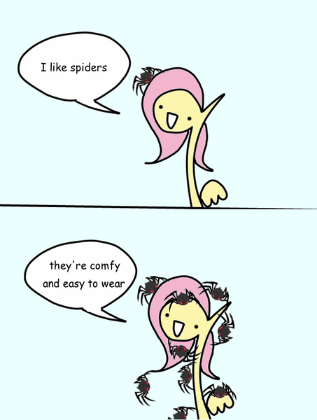 Size: 600x795 | Tagged: safe, artist:wollap, derpibooru import, fluttershy, pegasus, pony, spider, blue background, comic, hilarious in hindsight, pokémon, reference, simple background, solo, wat