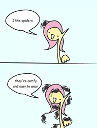 Size: 600x795 | Tagged: safe, artist:wollap, derpibooru import, fluttershy, pegasus, pony, spider, blue background, comic, hilarious in hindsight, pokémon, reference, simple background, solo, wat