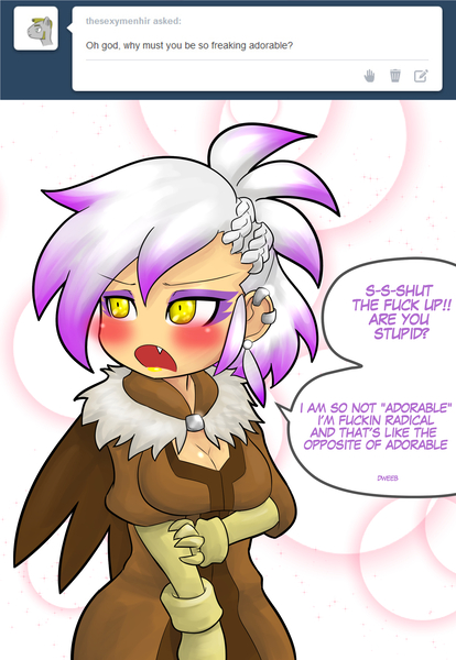 Size: 2000x2900 | Tagged: artist:ereb-tauramandil, ask-radical-gilda, blushing, chibi, cute, derpibooru import, gilda, gildadorable, gildere, human, humanized, i'm not cute, safe, solo, tsundere, vulgar