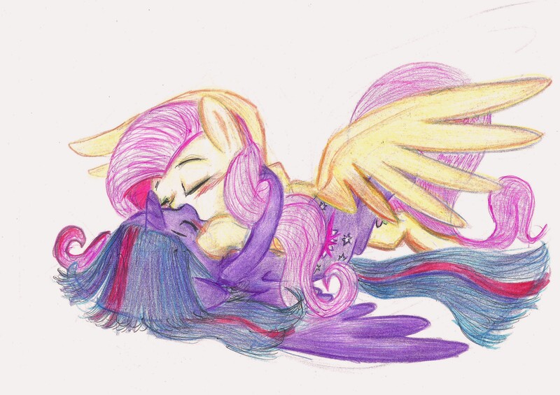 Size: 3378x2386 | Tagged: safe, artist:deihiru, derpibooru import, fluttershy, twilight sparkle, twilight sparkle (alicorn), alicorn, pony, female, kissing, lesbian, mare, shipping, traditional art, twishy