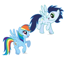 Size: 1032x774 | Tagged: safe, artist:taurelia, derpibooru import, rainbow dash, soarin', backwards cutie mark, female, flying, looking back, male, old cutie mark, shipping, smiling, soarindash, straight