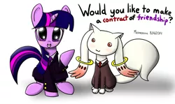 Size: 4159x2471 | Tagged: artist:mushrooshi, businessmare, business suit, clothes, colored, contract, derpibooru import, formal, incubator (species), kyubey, lawyer, puella magi madoka magica, safe, suit, twilight sparkle