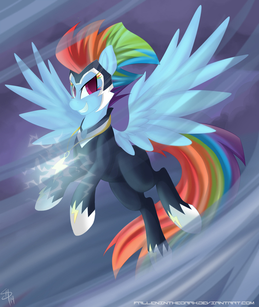 Size: 1690x2000 | Tagged: artist:falleninthedark, clothes, costume, derpibooru import, looking at you, power ponies, power ponies (episode), rainbow dash, safe, smiling, smirk, solo, spread wings, wings, zapp