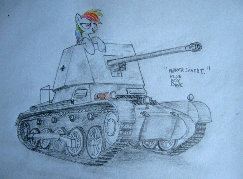 Size: 1024x757 | Tagged: artist:blueboxdave, derpibooru import, panzerjager i, rainbow dash, safe, solo, tank (vehicle), traditional art