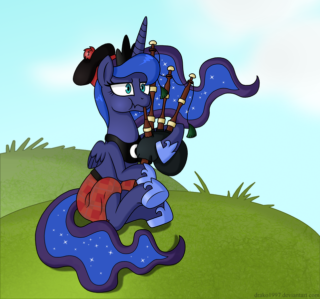 Size: 3100x2900 | Tagged: artist:drako1997, bagpipes, clothes, derpibooru import, kilt, princess luna, safe, scottish, solo, tam o' shanter, wat