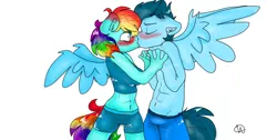 Size: 1366x686 | Tagged: safe, artist:little-pinkie-pie, derpibooru import, rainbow dash, soarin', anthro, bare chest, belly button, blushing, clothes, female, floppy ears, holding hands, kissing, male, partial nudity, shipping, shorts, soarindash, spread wings, straight, surprise kiss, surprised, topless, wide eyes, wingboner, wings