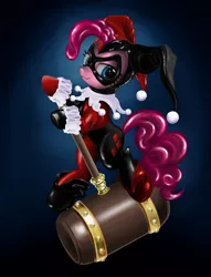 Size: 2900x3800 | Tagged: artist:beamsaber, clothes, costume, cuffs (clothes), derpibooru import, hammer, harley quinn, pinkie pie, safe, size difference, weapon, wrist ruffs