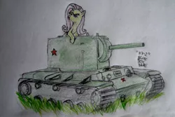 Size: 1024x685 | Tagged: artist:blueboxdave, derpibooru import, duckface, flutterbitch, fluttershy, kv-2, safe, tank (vehicle)