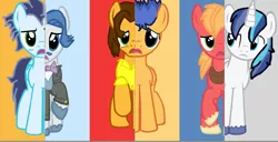 Size: 1024x526 | Tagged: safe, artist:clawdeen4ever, derpibooru import, big macintosh, cheese sandwich, fancypants, flash sentry, shining armor, soarin', earth pony, pony, male, sad eyes, stallion, what my cutie mark is telling me