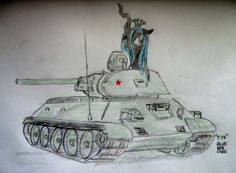 Size: 1024x753 | Tagged: artist:blueboxdave, derpibooru import, queen chrysalis, safe, solo, t-34, t-34 stz, tank (vehicle)