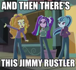 Size: 787x720 | Tagged: safe, derpibooru import, screencap, adagio dazzle, aria blaze, sonata dusk, equestria girls, rainbow rocks, and then there's this asshole, caption, clothes, diner, gem, hoodie, image macro, jewelry, jimmies, meme, necklace, pendant, rustled my jimmies, siren gem, text, the dazzlings