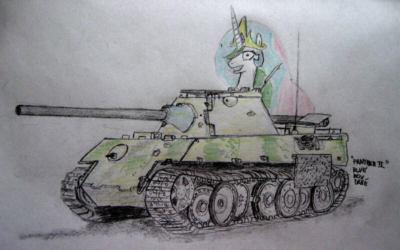 Size: 1024x640 | Tagged: artist:blueboxdave, derpibooru import, grin, looking at you, panther (tank), princess celestia, princess molestia, safe, smiling, solo, tank (vehicle), wide eyes