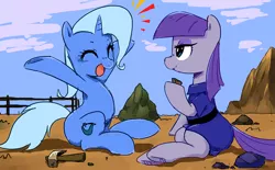 Size: 718x446 | Tagged: safe, artist:30clock, derpibooru import, boulder (pet), maud pie, trixie, earth pony, pony, unicorn, clothes, cloud, excited, eyes closed, female, hammer, happy, lesbian, mare, mauxie, open mouth, rock, rock farm, shipping, sitting, sky, smiling, underhoof