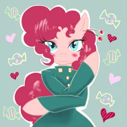 Size: 600x600 | Tagged: safe, artist:grimbloody, derpibooru import, pinkie pie, pony, semi-anthro, bipedal, jojo's bizarre adventure, noriaki kakyoin, pixiv, solo