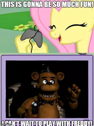 Size: 490x654 | Tagged: a bird in the hoof, caption, derpibooru import, edit, edited screencap, exploitable meme, five nights at freddy's, fluttershy, fs doesn't know what she's getting into, gamershy, image macro, it's a trap, meme, obligatory pony, safe, screencap, text, this will end in tears, tv meme