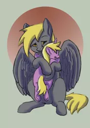 Size: 2550x3600 | Tagged: safe, artist:vtruss1, derpibooru import, derpy hooves, dinky hooves, pegasus, pony, unicorn, :t, cute, derpabetes, dinkabetes, equestria's best mother, eyes closed, female, filly, happy, hnnng, hug, lidded eyes, mare, mother and child, mother and daughter, open mouth, smiling, spread wings, underhoof, wings