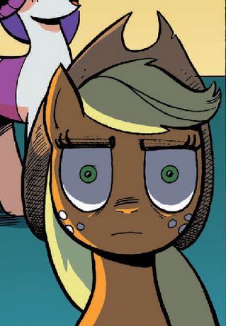 Size: 319x461 | Tagged: applejack, blank stare, dead eyes, derpibooru import, idw, i've seen some shit, only the dead can know peace from this evil, safe, spoiler:comic, spoiler:comicff8, thousand yard stare