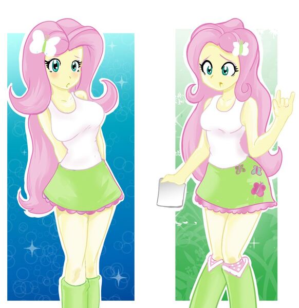 Size: 993x1023 | Tagged: safe, artist:orochivanus, artist:tokatl, derpibooru import, fluttershy, equestria girls, clothes, cute, devil horn (gesture), open mouth, shyabetes, skirt, solo, tanktop