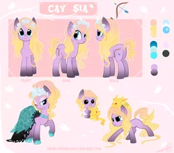 Size: 1024x903 | Tagged: safe, artist:chokico, derpibooru import, oc, oc:cay sia, unofficial characters only, earth pony, pony, arrow, baby, baby pony, bedroom eyes, bow (weapon), bow and arrow, butt, clothes, dress, female, filly, flower, flower in hair, jewelry, mare, necklace, one eye closed, plot, raised hoof, reference sheet, smiling, smirk, solo, weapon, wink