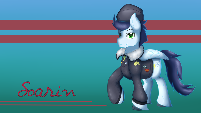 Size: 1024x576 | Tagged: ancient wonderbolts uniform, artist:ookamithewolf1, clothes, commander easy glider, derpibooru import, old cutie mark, safe, soarin', solo, uniform, wallpaper