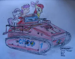 Size: 1024x803 | Tagged: apple bloom, artist:blueboxdave, cutie mark crusaders, derpibooru import, leichttraktor, safe, scootaloo, sweetie belle, tank (vehicle), this will end in tears and/or death and/or covered in tree sap