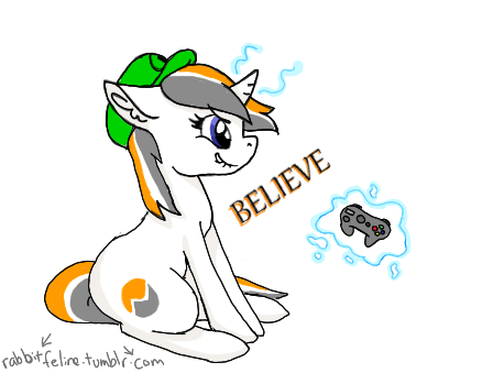 Size: 438x339 | Tagged: safe, artist:bunnycat, derpibooru import, oc, oc:believe, oc:bell eve, unofficial characters only, pony, unicorn, cap, female, hat, lip bite, luigi's hat, magic, solo, super mario bros., video game