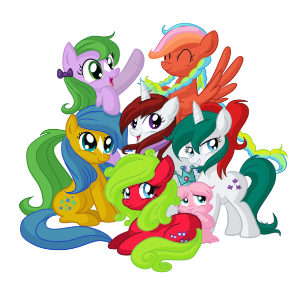 Size: 600x574 | Tagged: safe, artist:xkappax, derpibooru import, bubbles (g1), eager (g1), flutterbye, gusty, moondancer (g1), seashell (g1), shady, bushwoolie, earth pony, pegasus, pony, unicorn, braid, crown, g1, g1 to g4, generation leap, jewelry, regalia, simple background, star (coat marking), transparent background