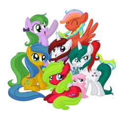 Size: 600x574 | Tagged: safe, artist:xkappax, derpibooru import, bubbles (g1), eager (g1), flutterbye, gusty, moondancer (g1), seashell (g1), shady, bushwoolie, earth pony, pegasus, pony, unicorn, braid, crown, g1, g1 to g4, generation leap, jewelry, regalia, simple background, star (coat marking), transparent background