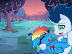 Size: 1024x768 | Tagged: grimdark, artist:courtycourtcourt, derpibooru import, rainbow dash, soarin', female, injured, male, shipping, soarindash, straight, watermark