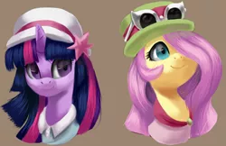 Size: 1696x1101 | Tagged: artist:moonseeker, bust, crossover, derpibooru import, duo, duo female, female, fluttershy, hair over one eye, hat, pokémon, portrait, safe, sunglasses, twilight sparkle