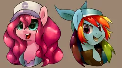 Size: 1738x971 | Tagged: alternate hairstyle, artist:moonseeker, bandana, baseball cap, bust, cap, crossover, derpibooru import, hat, pinkie pie, pokémon, portrait, rainbow dash, safe