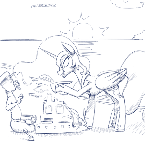 Size: 1280x1280 | Tagged: safe, artist:goat train, deleted from derpibooru, derpibooru import, nightmare moon, oc, oc:anon, alicorn, human, pony, beach, bully, bullying, duo, eat at joe's, evil grin, grin, monochrome, plane, pure unfiltered evil, sandcastle, sketch, smiling, sun