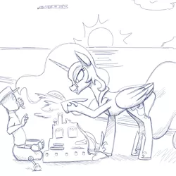 Size: 1280x1280 | Tagged: safe, artist:goat train, deleted from derpibooru, derpibooru import, nightmare moon, oc, oc:anon, alicorn, human, pony, beach, bully, bullying, duo, eat at joe's, evil grin, grin, monochrome, plane, pure unfiltered evil, sandcastle, sketch, smiling, sun