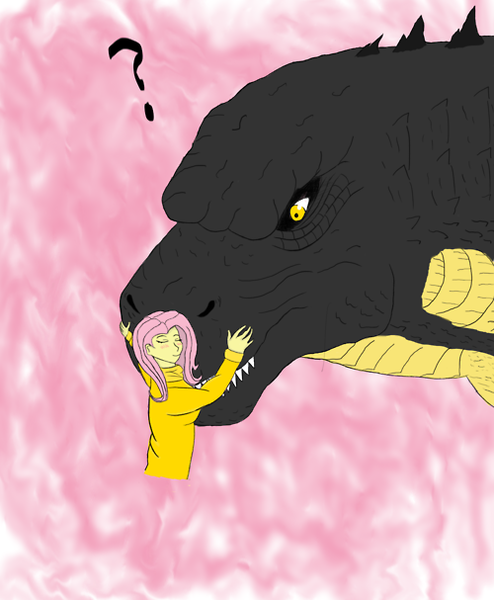 Size: 500x607 | Tagged: artist:johng117, crossover, derpibooru import, fluttershy, godzilla, godzilla 2014, godzilla junior, godzilla (series), godzillashy, human, humanized, kaiju, safe