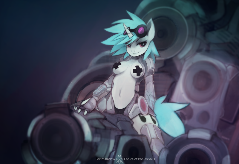 Size: 4300x2959 | Tagged: absurd resolution, alternate hairstyle, anthro, armor, artist:foxinshadow, art pack:choice of ponies vol1, art pack:fox's choice of ponies, bass cannon, breasts, busty vinyl scratch, cameltoe, covered nipples, derpibooru import, female, nipple tape, nudity, pasties, questionable, solo, solo female, vinyl scratch