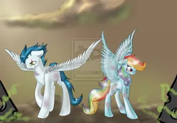 Size: 1024x717 | Tagged: artist:petrinox, bruised, derpibooru import, rainbow dash, safe, soarin', watermark