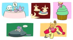 Size: 800x436 | Tagged: safe, artist:flutterluv, derpibooru import, angel bunny, apple bloom, applejack, boulder (pet), discord, fluttershy, maud pie, pinkie pie, princess celestia, pony, appletini, cupcake, cute, cutelestia, food, micro, pictogram, ponies riding ponies, riding, sleeping, tea