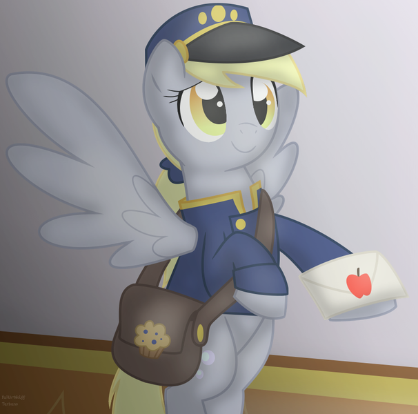 Size: 871x863 | Tagged: safe, artist:faith-wolff, derpibooru import, derpy hooves, pegasus, pony, fanfic, fanfic:the bridge, clothes, crossover, cute, fanfic art, female, godzilla (series), mailmare, mare, story included, uniform