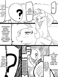 Size: 600x800 | Tagged: a friendly orc's daily life, aren't you going to ravish me?, artist:jalm, bedroom eyes, black and white, blushing, comic, derpibooru import, grayscale, human, human fetish, monochrome, oc, oc:anon, open mouth, parody, princess celestia, right to left, smiling, suggestive, thought bubble