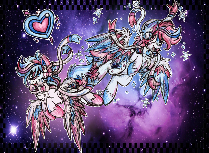 Size: 2171x1592 | Tagged: safe, artist:iroxykun, derpibooru import, oc, oc:fairy wind, ponified, unofficial characters only, pegasus, pony, sylveon, bow, bowtie, crossover, heart, male, pokémon, pokémon x and y, space, sparkles, stallion, wings