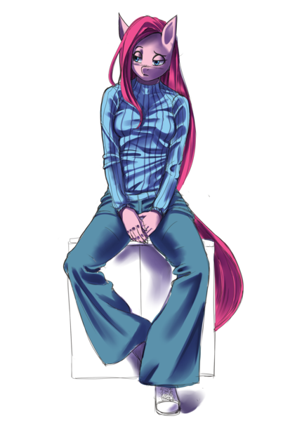 Size: 2031x2952 | Tagged: anthro, artist:m@k, clothes, derpibooru import, jeans, pants, pinkamena diane pie, pinkie pie, pixiv, safe, solo