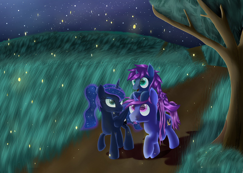 Size: 2000x1419 | Tagged: safe, artist:presetb, derpibooru import, princess luna, oc, oc:azure night, oc:seline, firefly (insect), insect, pony, azuna, canon x oc, daughter, female, grass, night, offspring, open mouth, parent:oc:azure night, parent:princess luna, parents:azuna, parents:canon x oc, ponies riding ponies, pony hat, raised hoof, riding, smiling, walking