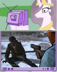 Size: 728x924 | Tagged: clementine (walking dead), derpibooru import, exploitable meme, gun, kenny, meme, obligatory pony, princess celestia, safe, spoiler, the walking dead, tv meme, weapon