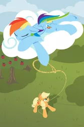 Size: 1280x1920 | Tagged: safe, artist:hoverrover, derpibooru import, applejack, rainbow dash, earth pony, pegasus, pony, apple, apple tree, applejack's hat, cloud, cloudy, cowboy hat, cutie mark, eyes closed, female, floppy ears, glare, gritted teeth, hat, hooves, lasso, lineless, looking up, lying down, mare, mouth hold, prone, rope, sleeping, standing, tree, wings