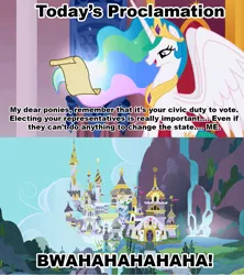 Size: 1021x1149 | Tagged: celestia's proclamation, derpibooru import, exploitable meme, laughing, meme, princess celestia, reading, safe, scroll, smiling, trollestia