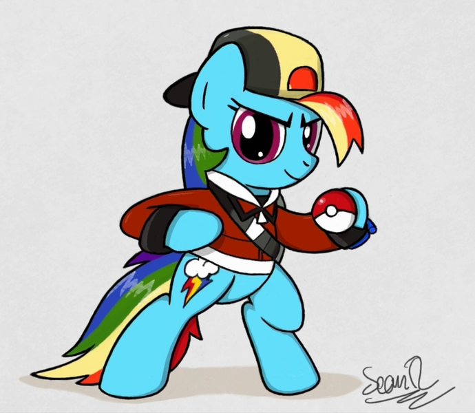 Size: 1150x1000 | Tagged: artist:sheandog, backwards cutie mark, derpibooru import, ethan, gold, pokéball, pokémon, rainbow dash, safe, solo