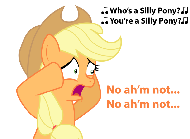 Size: 2422x1772 | Tagged: safe, artist:vincentthecrow, derpibooru import, applejack, earth pony, pony, accent, applejack's hat, cowboy hat, denial, despair, female, hat, mare, mental breakdown, sad, silly, silly pony, solo, stressed, text, vtc's wacky vectors, who's a silly pony