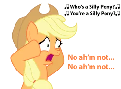 Size: 2422x1772 | Tagged: safe, artist:vincentthecrow, derpibooru import, applejack, earth pony, pony, accent, applejack's hat, cowboy hat, denial, despair, female, hat, mare, mental breakdown, sad, silly, silly pony, solo, stressed, text, vtc's wacky vectors, who's a silly pony