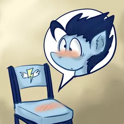 Size: 800x800 | Tagged: artist:shapeshiftersoarin, blushing, chair, chair transformation, derpibooru import, i have no mouth and i must scream, inanimate tf, objectification, safe, soarin', solo, transformation