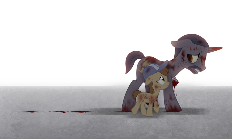 Size: 2000x1200 | Tagged: grimdark, artist:stasysolitude, derpibooru import, ponified, pegasus, pony, unicorn, amputee, bleeding, blood, bloody, clementine (walking dead), crossover, emotional, feels, floppy ears, frown, gritted teeth, hat, lee everett, sad, the walking dead, the walking dead game, this will end in death, this will end in tears, walking